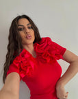 T-shirt a costine con maxi rouches