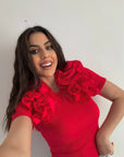 T-shirt a costine con maxi rouches