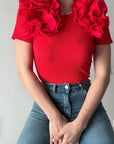 T-shirt a costine con maxi rouches