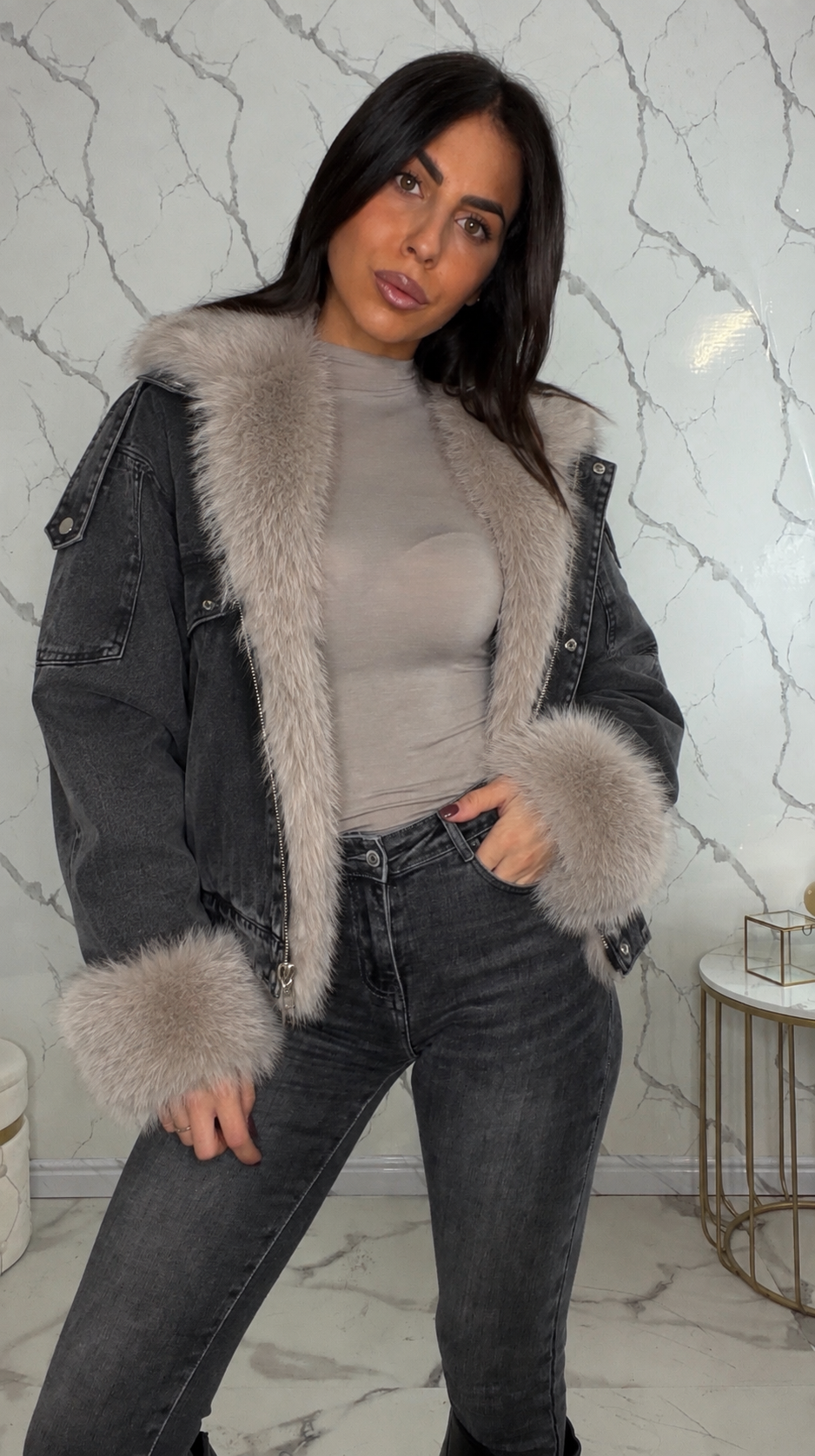 Giubbotto denim ecopelliccia 2217