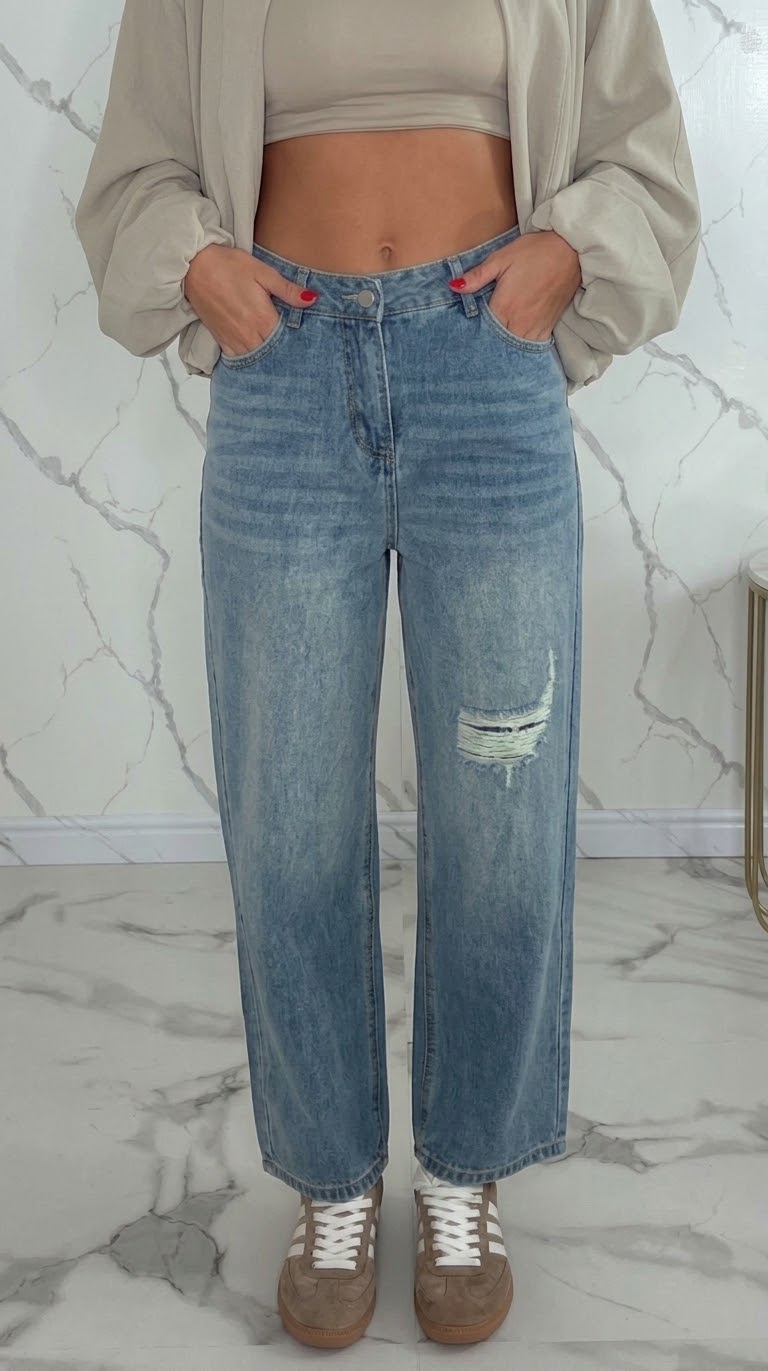 Jeans Momfit con strappi lavaggio chiaro - APE