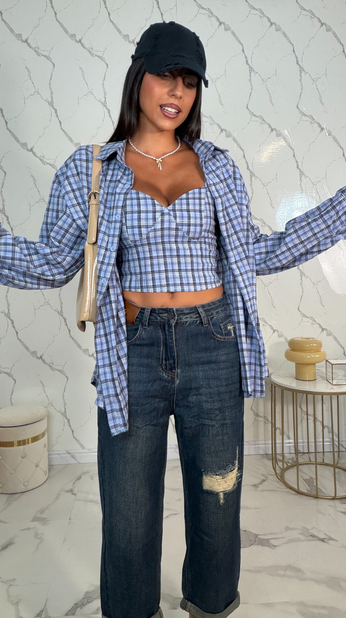 Twinset: top crop + camicia oversize a quadri