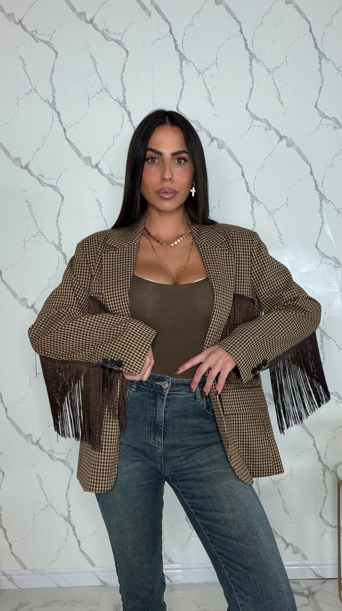 Blazer pied de poule frange - Lumina